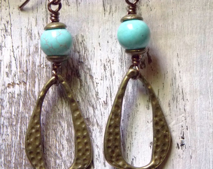 Boho Earrings Southwest Earrings Brass Turquoise Earrings Bohemian Earrings Drop Earrings Dangle Textured Earrings Jewelry