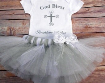 Baptism Tutu Outfit- Personalized Baptism outfit-Baptism Personalized Gift- Baby Girl-God Bless-Christening