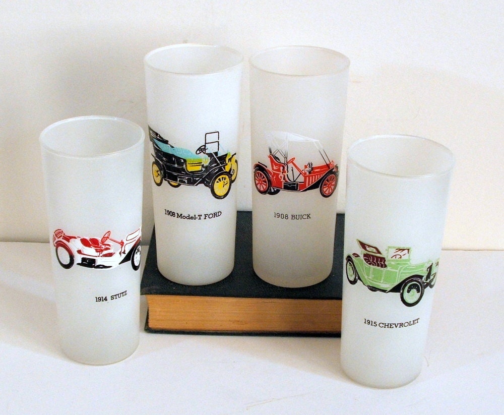 Frosted Tom Collins Glasses with Antique Automobiles Set of 4