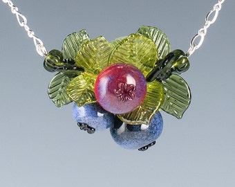 Glass Blueberry Necklace ADJUSTABLE length lampwork bead jewelry hand blown glass art birthday gift or anniversary gift for gardener, cook