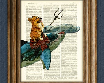 Aquadog the Corgi rides a Hammerhead shark dog original art vintage dictionary page book art print