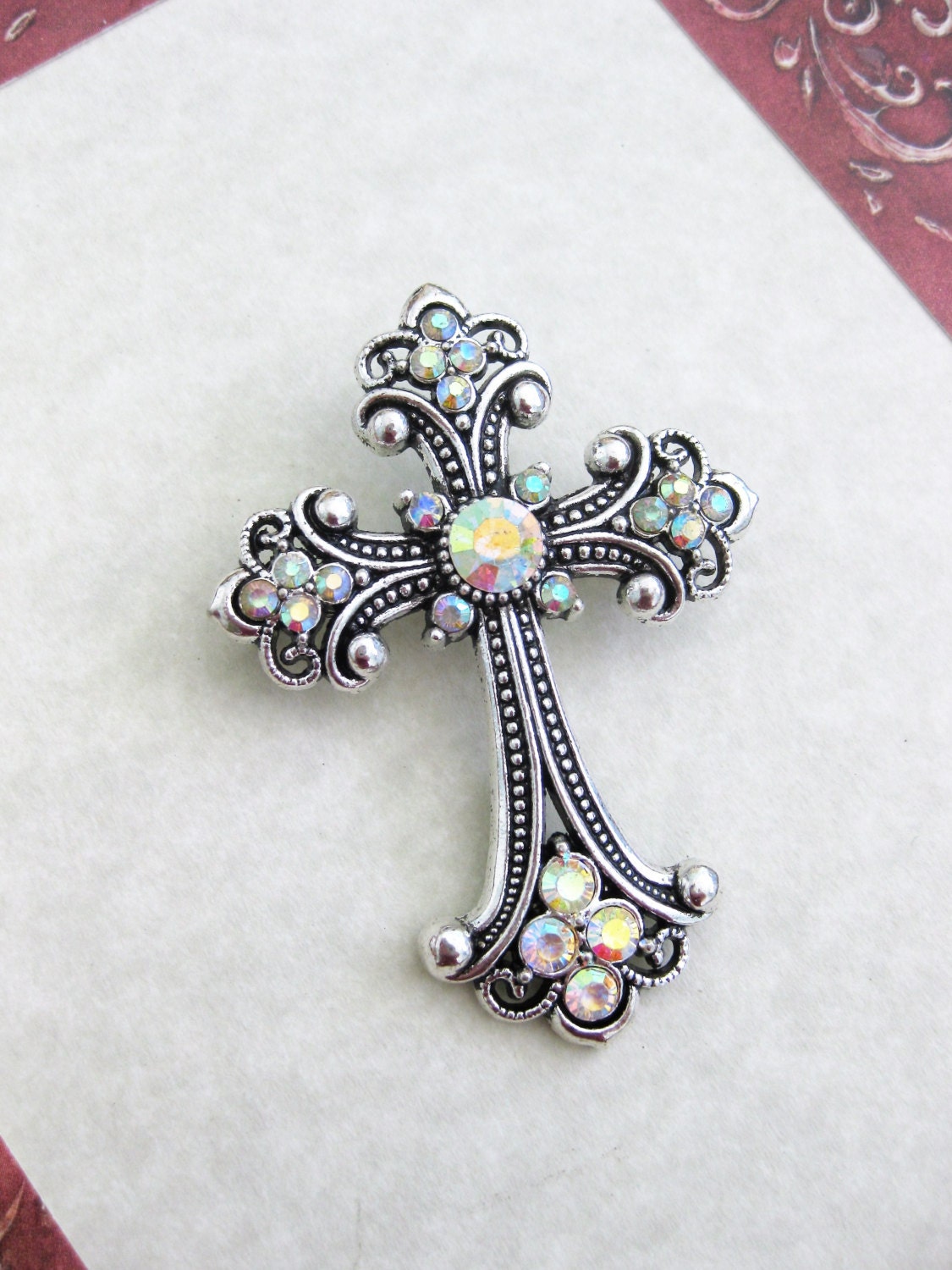 Silver Crystal Cross Brooch Cross Religious Brooch Catholic