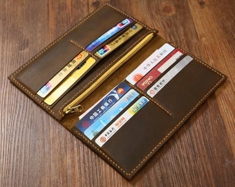 Personalized Distressed Leather Men Women long wallet / slim vertical bifold wallet / leather clutch card holder travel wallets - W005LZM