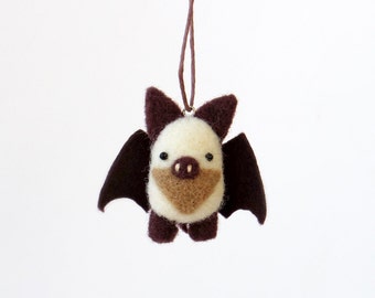 Tiny bat, needle felted animal ornament : white and dark brown, woodland miniature charm.