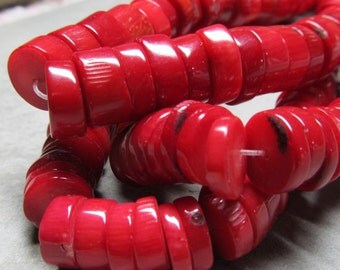 Coral Beads 12 x 3mm Bright Red Coral Smooth Rondelles - 4" Strand