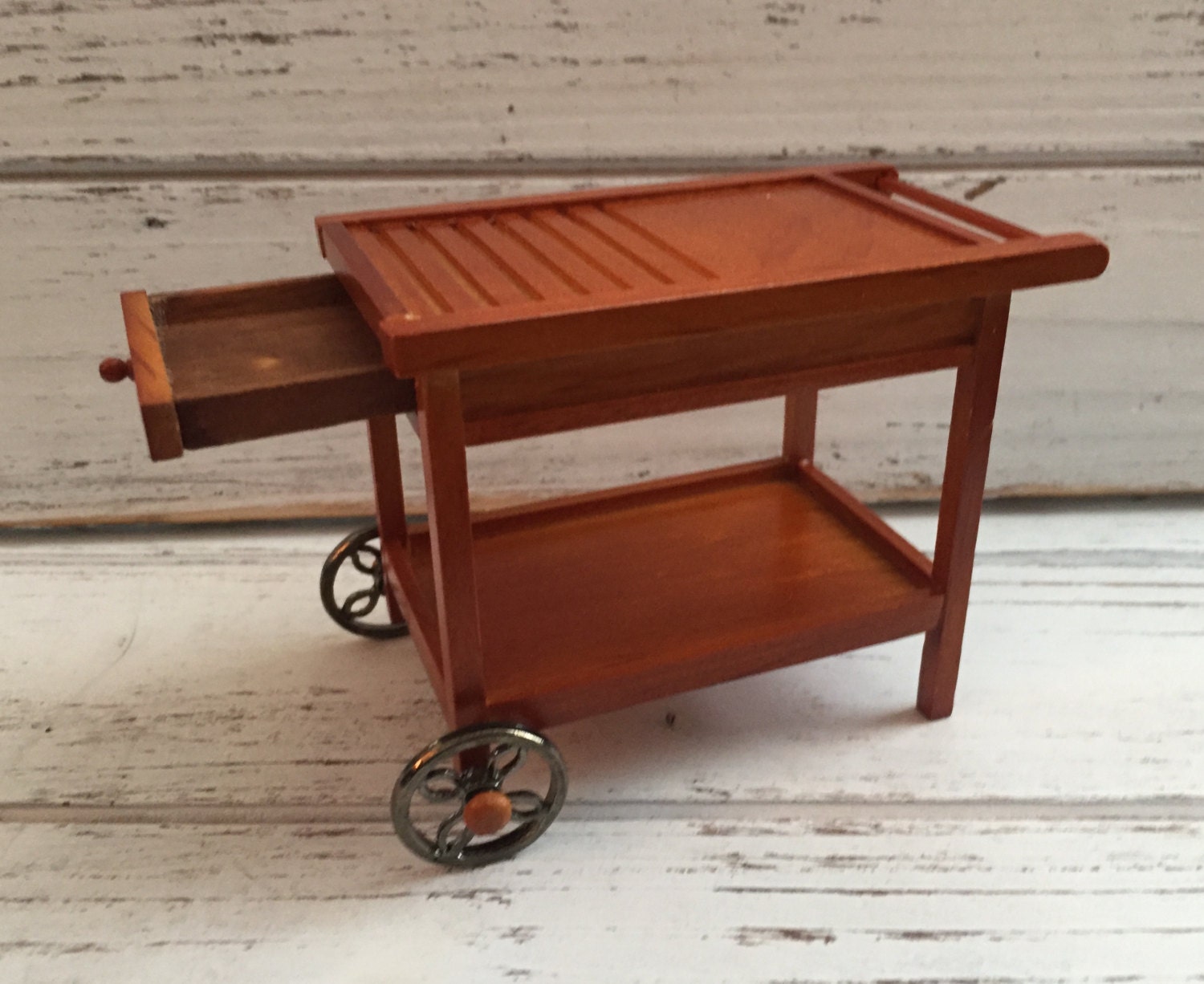 Miniature Tea Cart Wood Cart on Wheels with Drawer by by BitsyNest