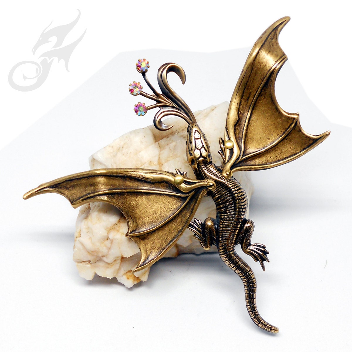 DRAGON PIN Antique Gold With Rhinestones Fantasy Art Nouveau