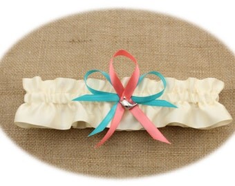 Ivory Satin Wedding Garter with Coral/Turquoise Trim and Bird Charm