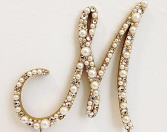 Elegant Font Pearls and Rhinestones Monogram Cake Topper (Font 4) - Any Letter A B C D E F G H I J K L M N O P Q R S T U V W X Y Z