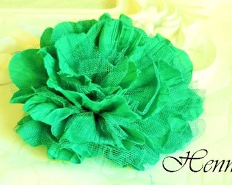 1 LIME / PANDAN GREEN Large Shabby Chic Frayed Wrinkled Cotton Voile and Tulle Rose Fabric Flower