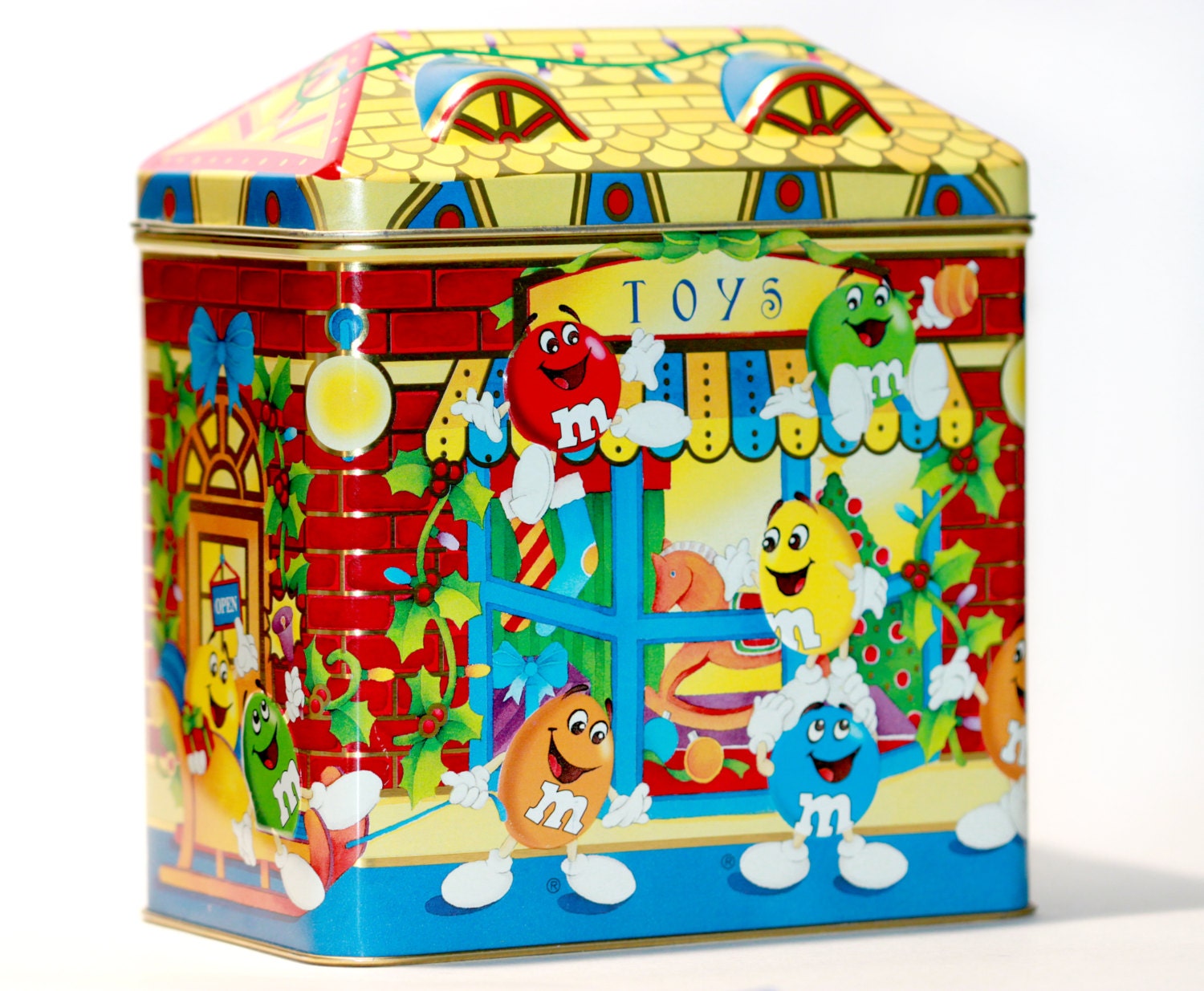 Tin Box Container M&M's Plain Christmas Village by VintageTerrace