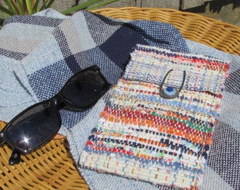 Soft Fabric Eyeglass Case, Sunglasses Case, Reading Glasses Case, Boho Bag Wallet Pouch, Tall Rainbow Eco Recycled Rag Hand Woven Small Bag