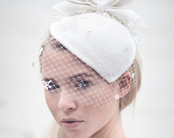 Birdcage Veil Cocktail Hat, Felt Hat, Vintage Style Wedding Perch Hat with Designer Leaf Detail - Siobhán