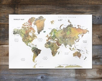 Watercolor World Map, Hand lettered map, fine-art map, large wall map, 24x36", home decor, explorer map print, nursery art, gender neutral