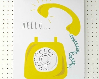 Yellow Retro Telephone Print A3 Hello Poster