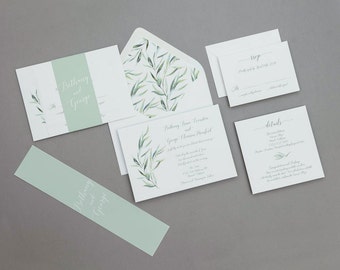 Calligraphy Wedding Invitations Set ,Modern Greenery Wedding Invitation,Eucalyptus Wedding Invites,Modern Greenery Spring Wedding Invitation