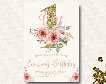 Girls First Birthday Invitation Pink and Gold Floral Birthday Watercolor Invitation Natural