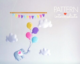 Baby Mobile Pattern, Elephant Sewing Pattern, DIY Baby Mobile, Pastel Nursery Decor, Balloon Mobile, DIY Crib Mobile