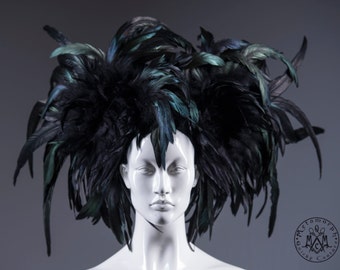 Huge feather headdress / Black Mardi Gras headdress / Rooster feather headpiece / Dark fashion headdress / Burning man headpiece / Burlesque