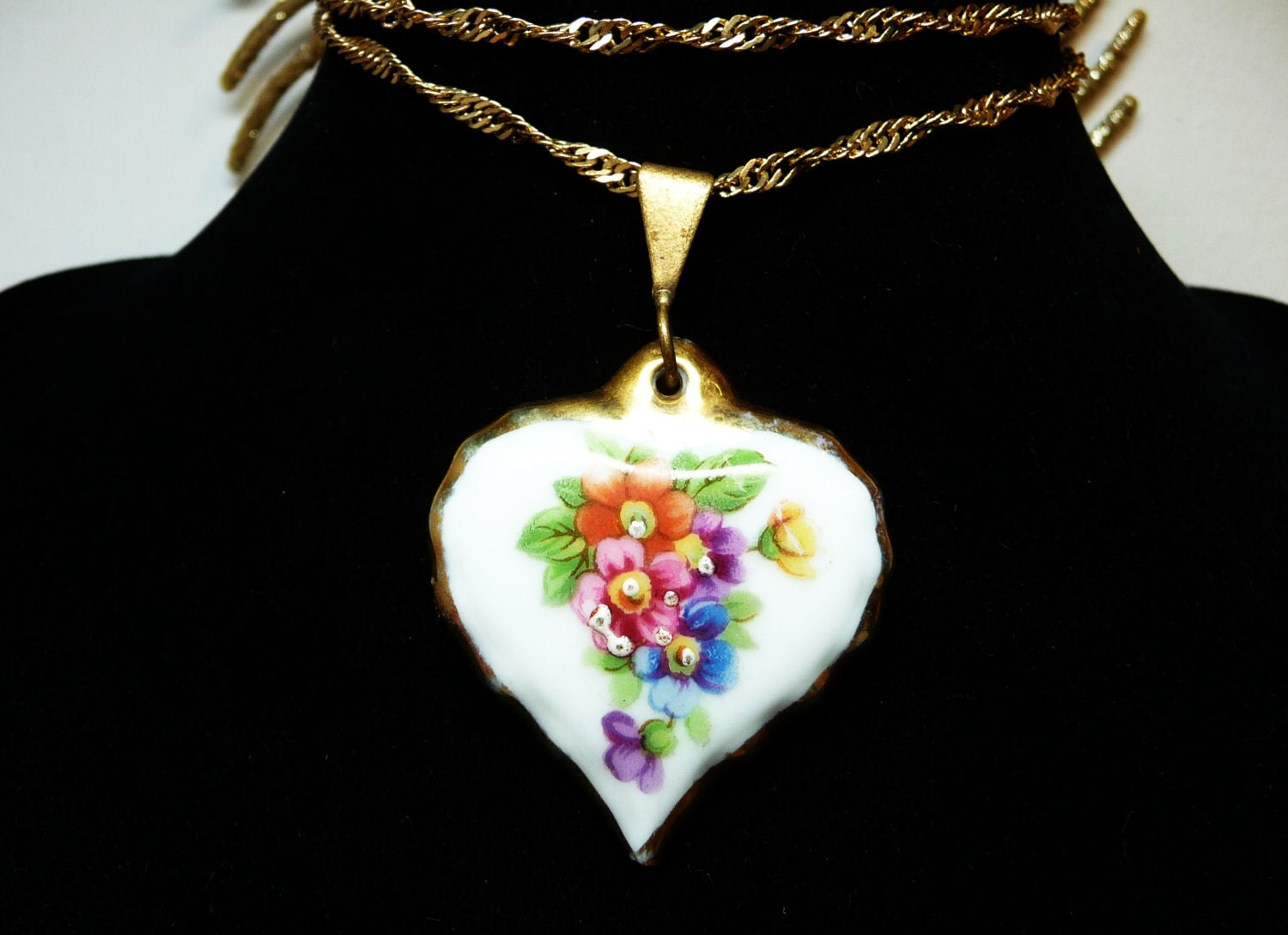 Limoges Porcelain Heart Pendant with Roses on Gold Filled
