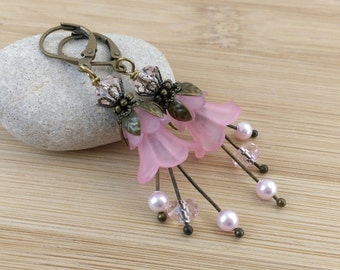 Pink Lucite Flower Earrings. Long Flower Earrings. Spring Floral Jewelry. Fairy Earrings. Romantic Jewelry. Antique Bronze Lily Flowers..