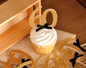 60th Birthday Party Ideas. Handcrafted in 2-3 Business Days. Glitter Gold Number "60" Cupcake Toppers 12CT.