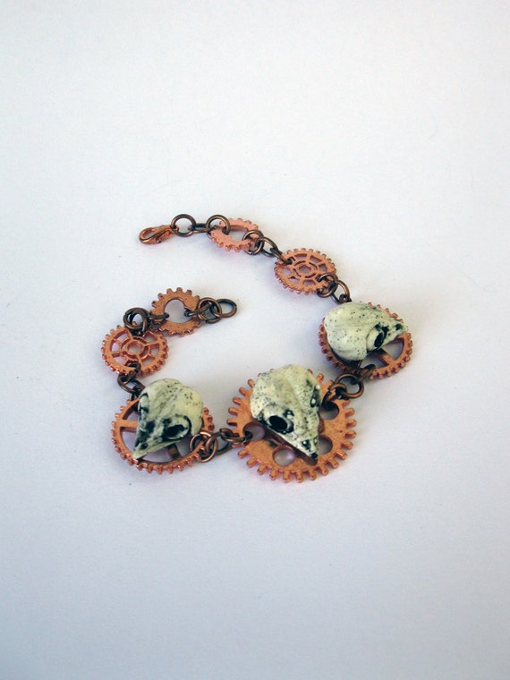 ooak STEAMPUNK aged resin owl skull charm bracelet by catamation steampunk buy now online