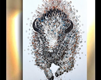 Original art on canvas Bison Buffalo painting charging bull unique textured artwork animal By OTO