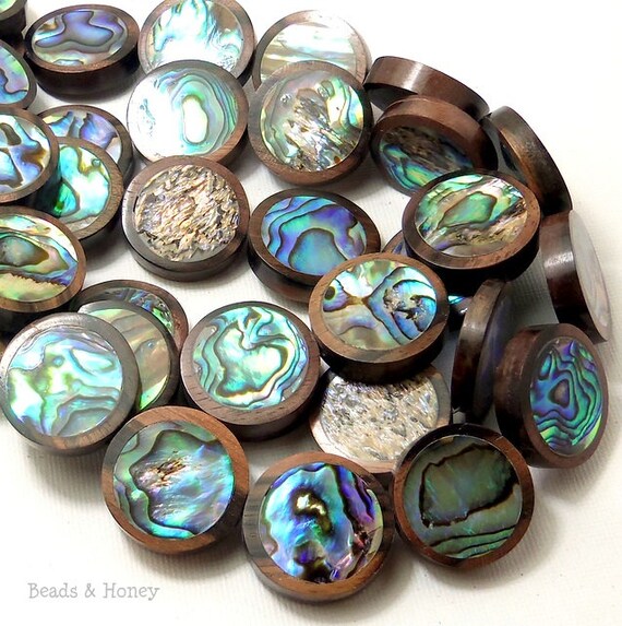 Tiger Ebony Wood Bead with Abalone Shell Inlay 22mm Coin