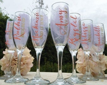 Set of 7, Bridesmaid champagne glasses, Bridesmaid glasses, Personalized wedding glasses, bridesmaid proposal, bridesmaid gifts