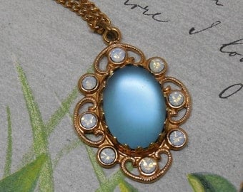 Blue Iridescent Moonglow Cabochon Pendant/Brooch & Matching Earrings Set