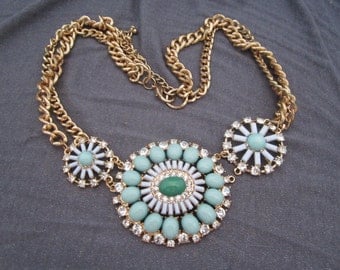 rhinestone necklace, rhinestone jewelry, mint green necklace, statement necklace, statement jewelry, bib necklace, pendant necklace