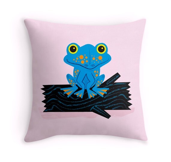 Frog On a Log - Pink - Nature / Wildlife - Throw Pillow / Cushion Cover - childrens decor (16" x 16") by Oliver Lake