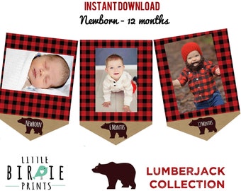 LUMBERJACK First Birthday Party - Lumberjack Monthly Photo Banner Month Circles - Lumberjack Party Printables Instant Download