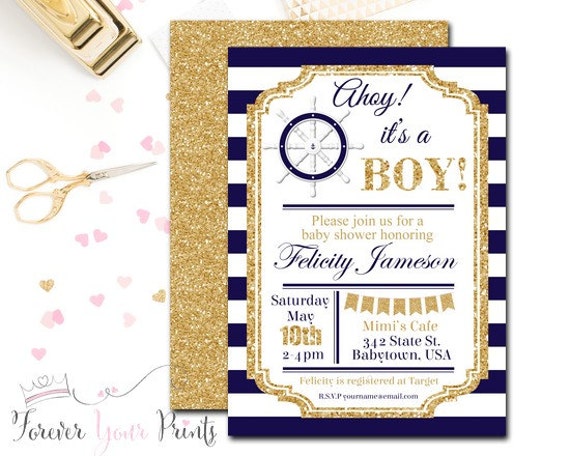 Navy and Gold Baby Shower Invitation, Nautical Baby Shower Invitation, Ahoy It's A Boy, Glitter Baby Shower, Boys Baby Shower Invite Il_570xn