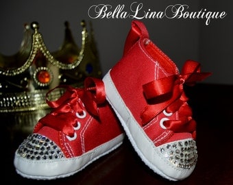 Swarovski Crystal Blinged Red High Top Soft Sole Infant Crib Shoes - Size 3-6 mos - READY TO SHIP! - Ask About Our Other Colors!