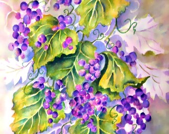 Grapes Watercolor, Grape Leaves, Purple Grapes, Wine Art. Grape Decor, Grape Vine, Art With Heart