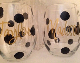 FUN Polka Dot Personalized Wine Glasses, Bridesmaid Wine Glass,Friends- Girls Night Out Party Wine Glasses