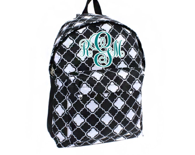 Black Quatrefoil Backpack Personalized Book Bag, Travel Backpacks, Monogram Back Pack, School Bag, Rucksack, personalized toddler backpacks