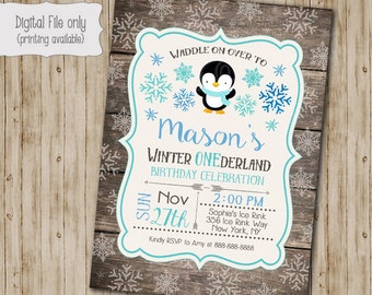 Penguin Winter ONEderland Invitation, Wood First Birthday Invite, Penguin Invitation, Winter ONEderland, Rustic, Snow, First Birthday