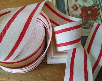 red and cream ticking stripe cotton ribbon