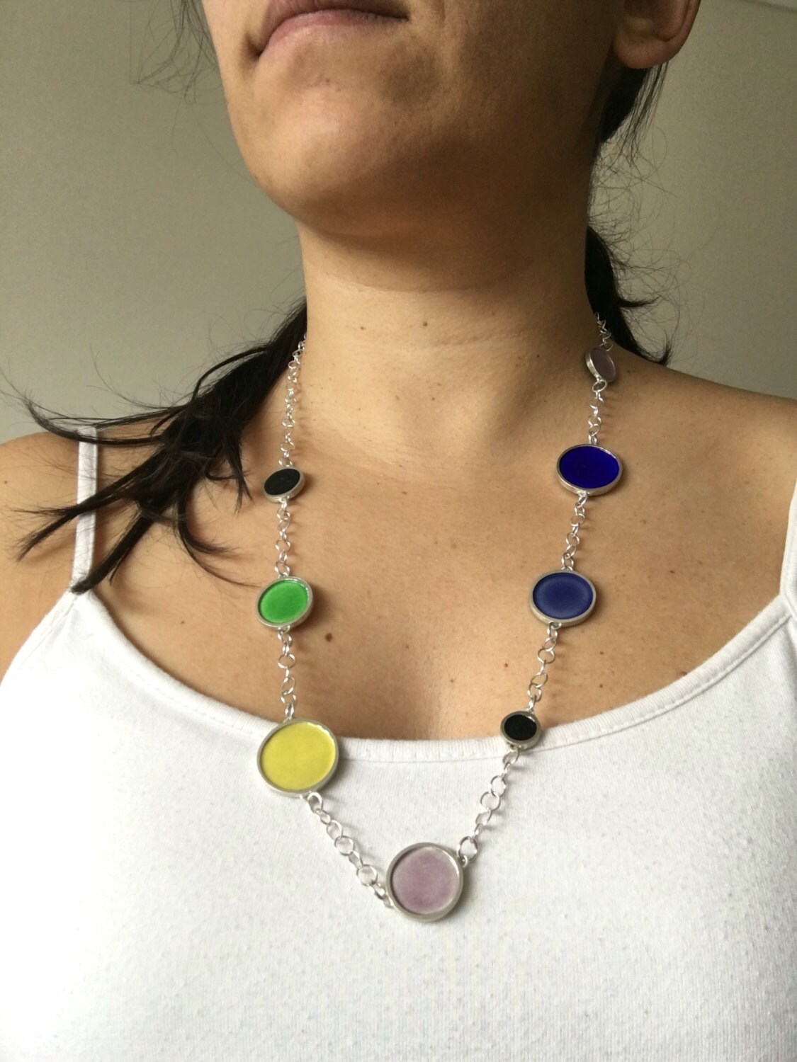 double sided long silver necklace multicolor two sided by anluz