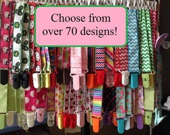 Nuk clips/pacifier clips/binki clip/soothie/infant pacifier clips Stripes Dots Animals Chevron Characters