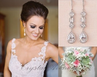 Crystal Bridal Earrings, Crystal Wedding earrings, Long earrings, Wedding Jewelry, Rose Gold, Bridal Jewelry, Julienne Crystal Earrings