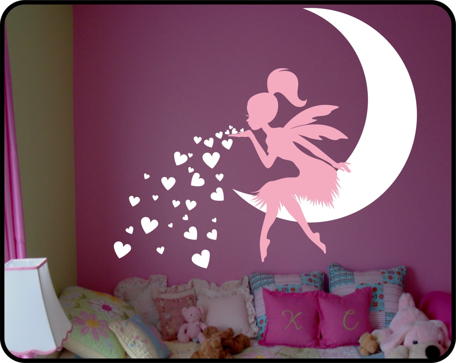 Fairy Wall Art / Fairy Sitting on Moon Blowing Hearts / Fairy