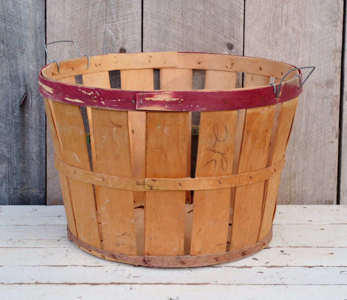 Split Wood Bushel Basket Vintage Orchard Apple Basket Red