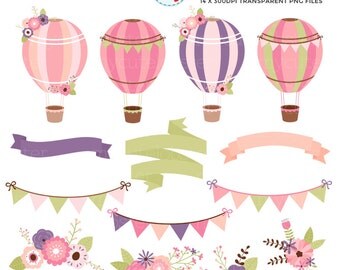 Floral Hot Air Balloons Clipart Set - banners, bunting, flowers, hot air balloon - personal use, small commercial use, instant download
