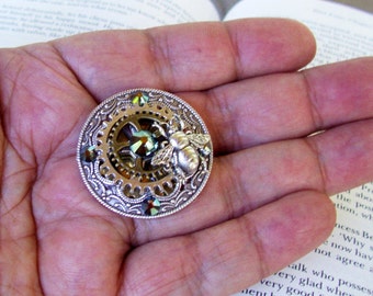 Steampunk Tie Tack (TT601) - Silver Plated Bee - Brass Gears - Silver Plated Brass Filigree Frame - Swarovski Crystals - Tack Gripper