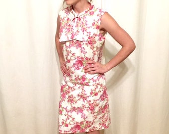 Vintage Mid Century Sleeveless Flowered Shift Dress Mad Men Style