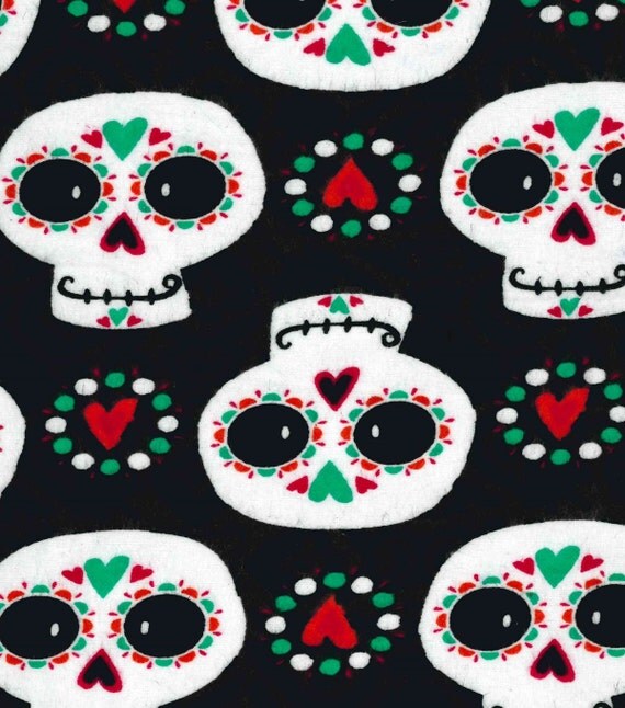 Sugar Skull Fabric Flannel Fabric Black Fabric Red